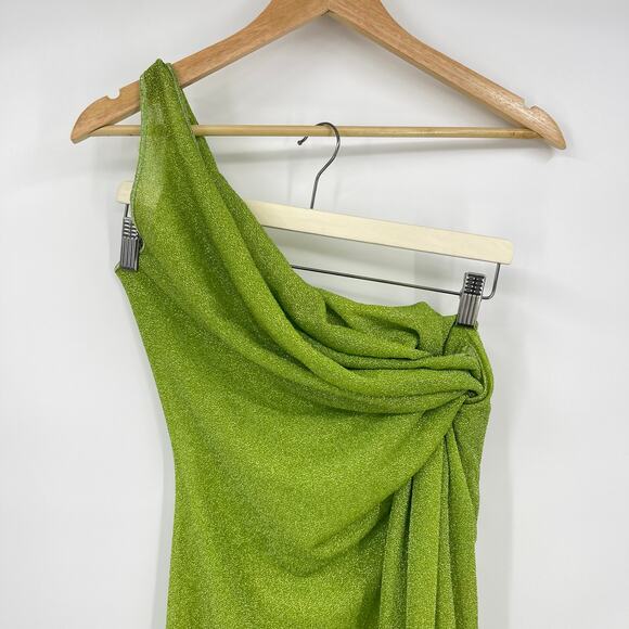 Oseree | SS24 Lumière Knot Dress Lime Green Glitter One Shoulder Midi Dress S-M - Picture 6 of 11